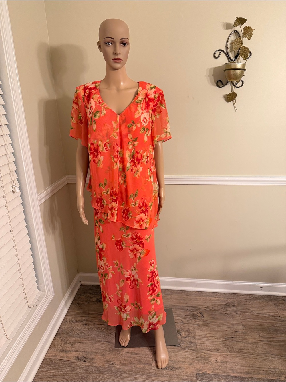Floral Coral Maxi Dress with Matching Top